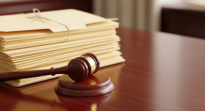 Wooden judge gavel on sound block with stack of legal folders and documents. Concept of justice, law, court trial, and legislation. Professional legal services and litigation background.