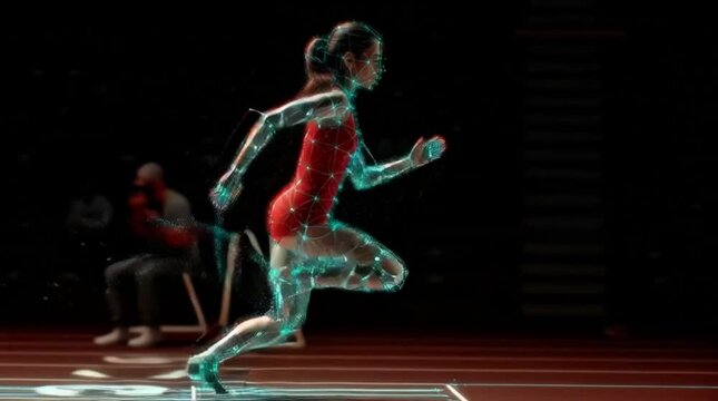 Female Runner with Biomechanical Motion Tracking Data Overlay