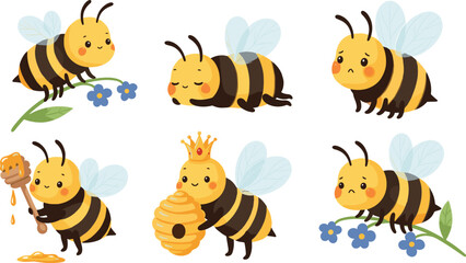 Fototapeta premium Cute bee characters set with honey flowers and hive adorable cartoon insects vector illustration collection