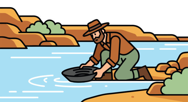 A prospector wearing a hat and vest pans for gold in a rocky riverbed