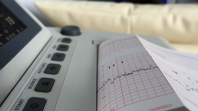 Medical device printing a cardiotocogram with the fetal heart rate and uterine contractions during a nonstress test for a pregnant woman undergoing a health checkup at a clinic