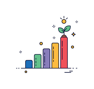 Economic growth phase rising staircase of bars with a small plant sprouting at the top, symbolizing optimism and expansion. A concise concept badge about
