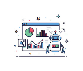 Obraz premium AI powered analytics dashboard a small screen displaying charts and data graphs while a simple robot icon analyzes the information, representing intelligent