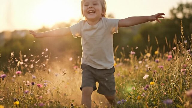 Joyful boy running freely through a beautiful sunny wildflower meadow with arms wide open experiencing pure happiness and connecting with nature during a stunning golden sunset celebrating earth day