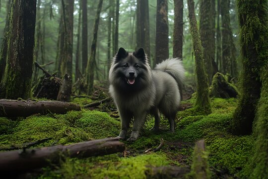 Fluffy Keeshond standing on mossy forest floor