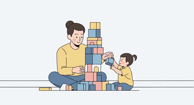 A caring adult and a child joyfully build a tall tower with colorful blocks