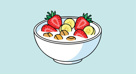 A white bowl overflowing with a healthy breakfast of cereal, sliced bananas, and strawberries
