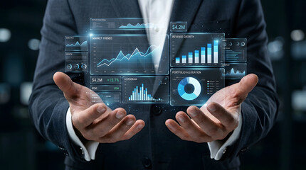 Fototapeta premium Data Visualization in Hand: An executive, dressed in a sharp suit, presents an innovative display of intricate data, graphs, and charts representing business performance and analytical insight.