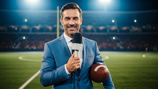 Handsome professional male sports reporter in blue suit holding microphone and american football standing on bright illuminated green stadium field at night during exciting live game broadcast event 