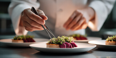 Naklejka premium Chef plating gourmet fine dining microgreens appetizer elegant restaurant culinary creative cuisine. chef carefully plates gourmet appetizer with
