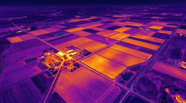 A stunning aerial thermal map of agricultural land, used by farmers to identify irrigation issues and crop stress through heat signatures.