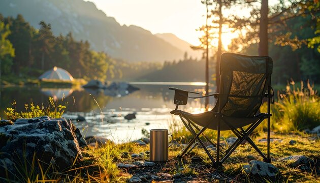 Camping chair at a lake, with tent, trees, mountains, and sunrise