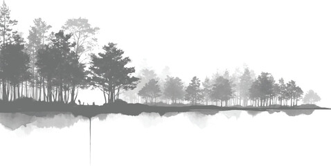 Obraz premium Serene watercolor forest silhouette reflecting in quiet lake water landscape