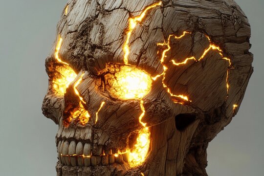 Wooden skull with glowing cracks revealing sunlight in creative display