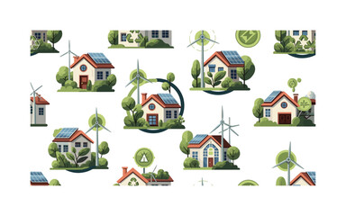 Naklejka premium sustainable architecture icons houses with solar panels plants wind turbines and energy symbols arranged as eco motifs, flat vector rounded geometry, rich