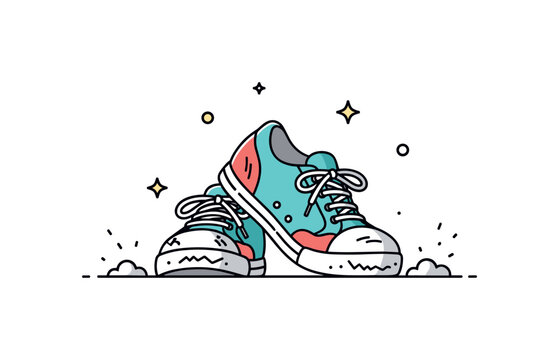 Scuffed shoes everyday wear a pair of sneakers with visible scuff marks and worn edges resting on the ground, small dust particles and tiny stars highlighting