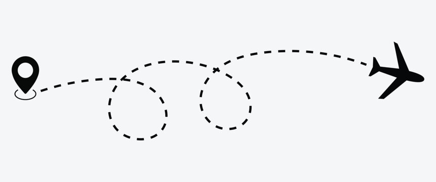 Airplane Route Vector Set with Dashed Flight Paths Curved Lines and Travel Path Icons for Aviation Design