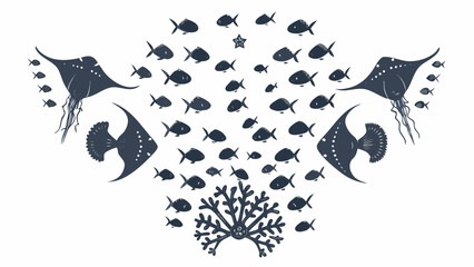 Stylized illustration of manta rays fish coral and a starfish © bashanti