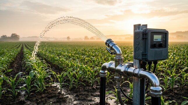 A high-end commercial photograph of an automated irrigation valve and sprinkler system delivering water with precision to young crops at sunrise.