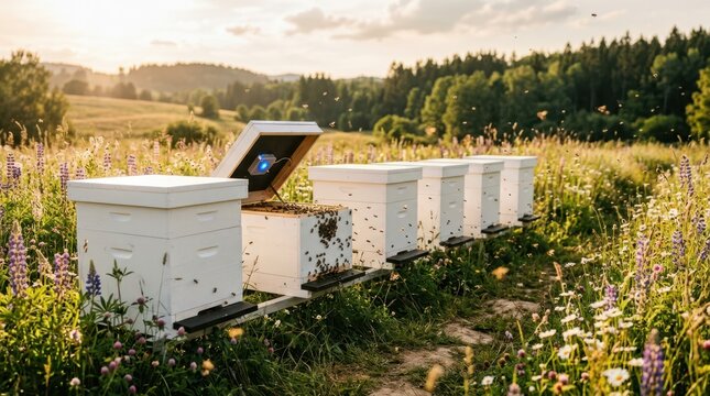 A professional lifestyle shot of modern beehives equipped with digital sensors to monitor colony health, temperature, and activity in a meadow.