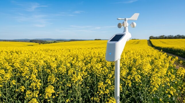 A professional shot of a modern autonomous weather station monitoring climate data in a vibrant yellow field for precision agricultural planning.