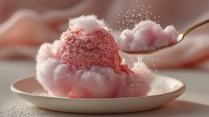 Fototapeta premium pink cotton candy dessert piled on white plate with wooden spoon lifting fluffy pink bite, suited for cafe menu photography and social media dessert branding