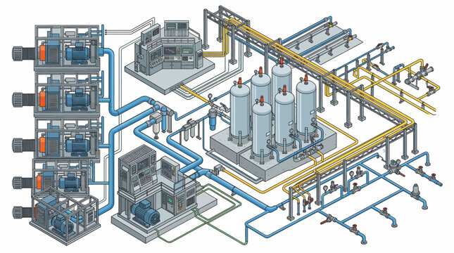 Industrial process system with machinery and piping.