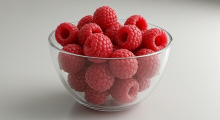 Fresh ripe red raspberries in a clear glass bowl on a plain background