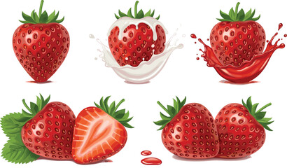 Set of fresh strawberries with milk and juice splash effects and sliced berry in realistic vector illustration isolated on light background for food design © Lunavera art
