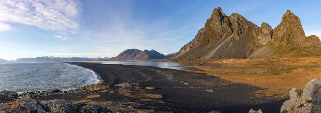 Panorama of the Hvalnes coast in autumn color in Iceland