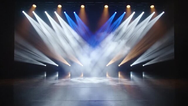A video showcasing a dramatic stage setup with vibrant blue and white lights shining down in a dark room.