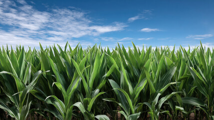Naklejka premium Lush green corn field under blue sky, vibrant leaves, summer growth, agricultural landscape, rural farming, natural beauty, outdoor scene