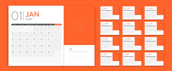 2026 Creative minimal business monthly Calendar template vector. Desk, wall calendar for print, digital calendar or planner. Week start on Monday. Simple modern annual calendar layout design elements.
