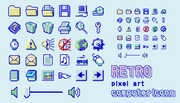 レトロなコンピューター風ピクセルアートアイコンセット。90年代のデスクトップOSを彷彿とさせるドット絵の詰め合わせ。フォルダ、ゴミ箱、フロッピーディスク、メール、設定、音量、マウスポインタなどのUI要素。平成レトロ、Y2Kデザイン、ノスタルジックなデジタルガジェットのイラスト素材。ウェブデザインやアプリ制作、クリエイティブなデコレーションに。ベクターイラスト