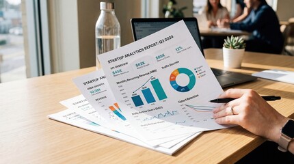 Fototapeta premium Startup analytics insights for q2 2023 office workspace report overview modern environment