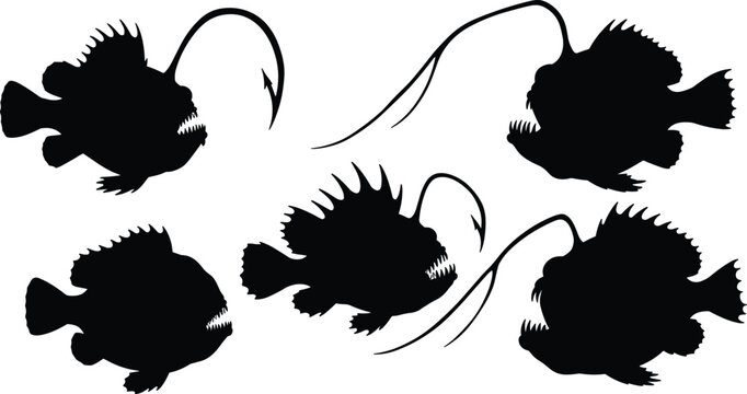 Anglerfish silhouette set. Deep sea fish vector collection with large lure antenna and sharp features. Marine creature silhouettes isolated for ocean, wildlife, and graphic design use.