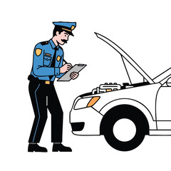 Obraz premium Officer inspecting car engine, writing notes on clipboard