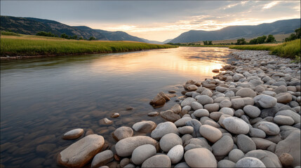 Naklejka premium Wide river landscape with flowing water, smooth stones, grassy banks, and distant mountains under glowing sunset sky