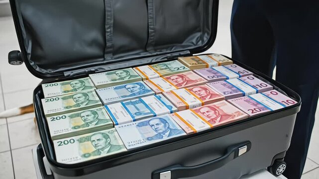 Customs officer opening a suitcase filled with stacks of smuggled currency discovered by a beagle detection dog at an airport security checkpoint
