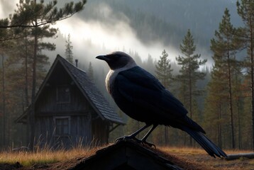 Obraz premium A raven stands on a roof overlooking a rustic cabin in a misty forest.