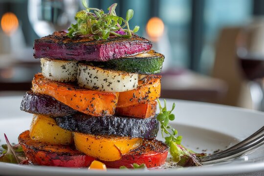 Minimalist sculptural tower of roasted vegetables crowned with microgreens, presenting centerpiece for modern dining