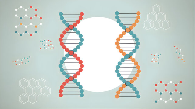 Abstract Scientific Illustration of DNA Strands and Molecular Structures, Representing Genetics and Research