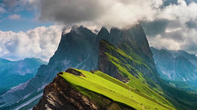 Majestic Seceda mountain peaks under dramatic clouds in Italy
