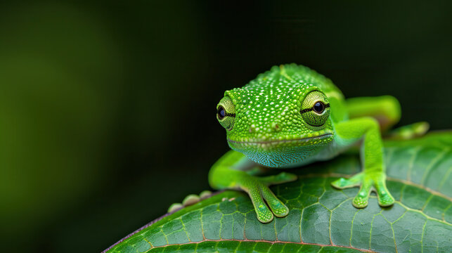 Vibrant green frog perches on broad leaf