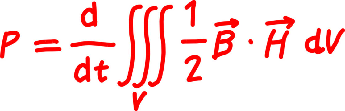 Red physics equation featuring triple integral and magnetic field vectors on white background, clean scientific formula design for education, research, and STEM visuals.
