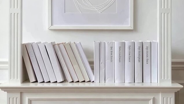 Minimalist White Bookshelf Display with Framed Art Above.