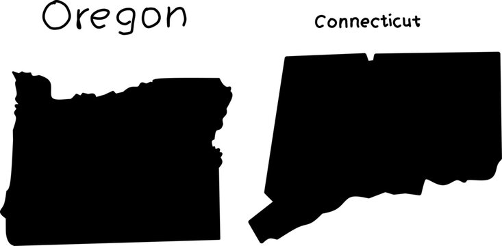 Black silhouettes of Oregon and Connecticut state maps on white background, simple geographic shapes ideal for education, design, and location concepts.