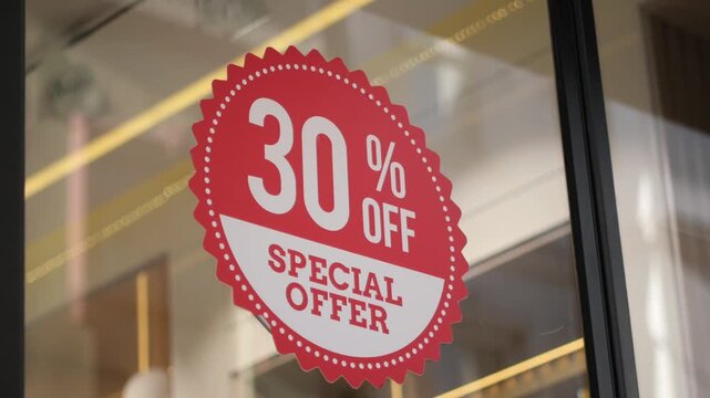 Red sale sticker with thirty percent off special offer text on glass shop window during seasonal promotion