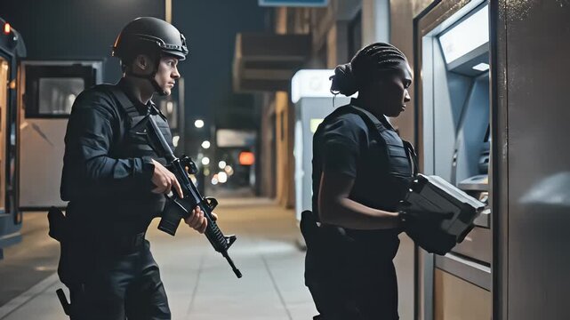 Two armed security guards transporting cash cassettes from an armored truck to an automated teller machine on a city street at night