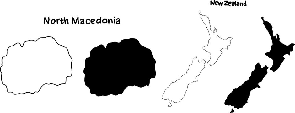 Black and white silhouettes of North Macedonia and New Zealand maps, with outlined and filled country shapes for geography, education, and design use.